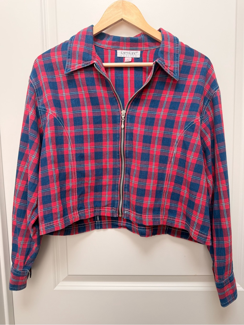 Vintage Karen Kane Petites Cropped Plaid Zip Up Jacket Boxy Fit Size L